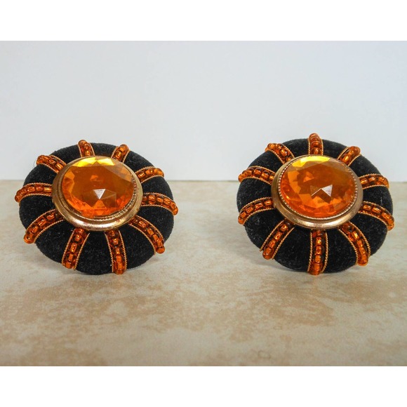 Vintage Black Velvet Clip On Earrings , Large Pink Rhinestone - Picture 2 of 7